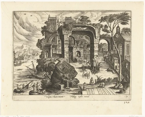 Landschap met ruïne en een vijver by Adriaen Collaert, print, 1587