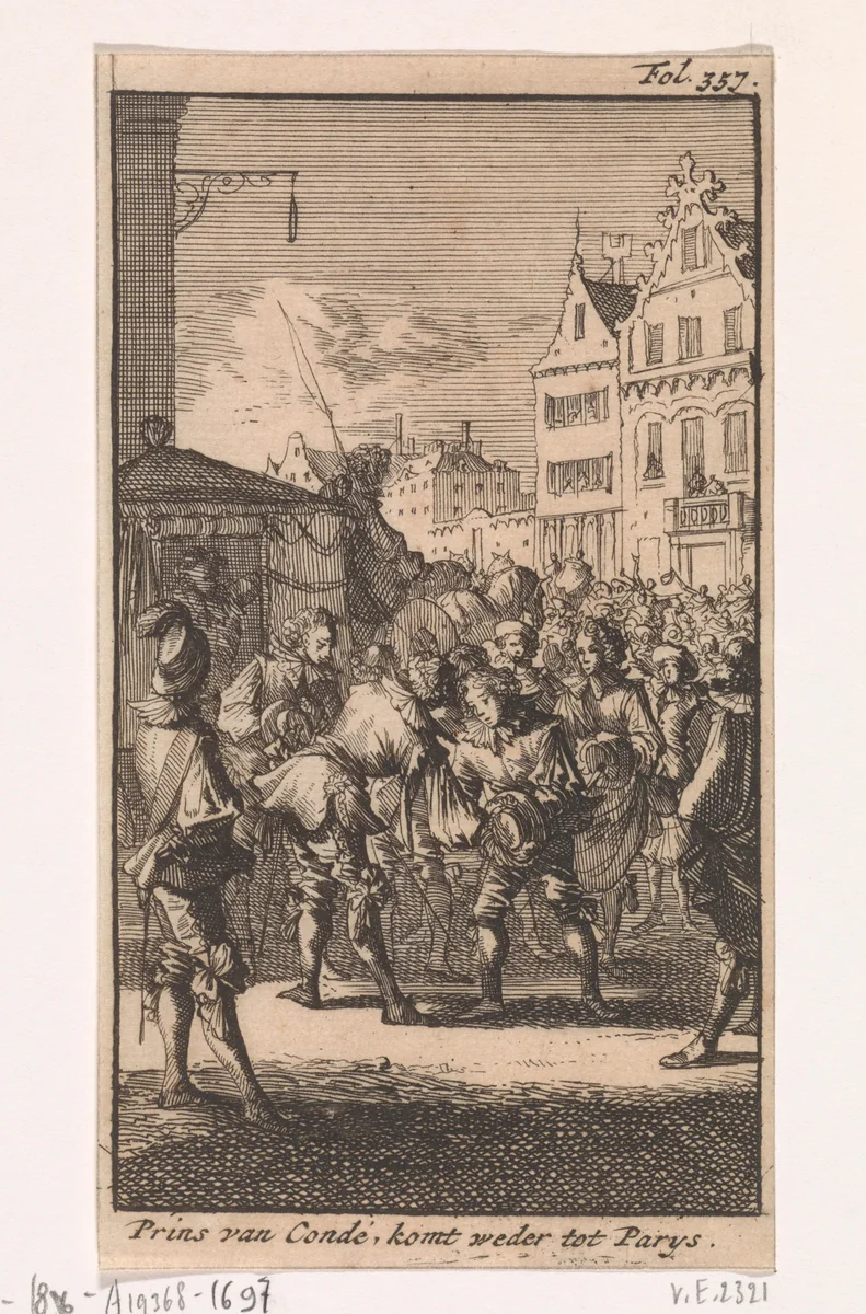 Louis II de Bourbon, prins van Conde, wordt na zijn vrijlating door de Parijzenaren verwelkomd, 1651 by Caspar Luyken, print, 1699