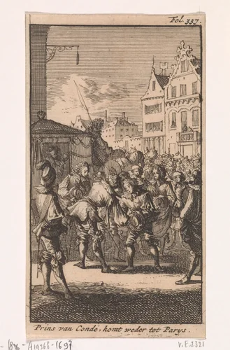 Louis II de Bourbon, prins van Conde, wordt na zijn vrijlating door de Parijzenaren verwelkomd, 1651 by Caspar Luyken, print, 1699