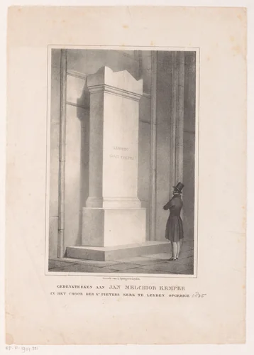 Man staat voor grafmonument van Joan Melchior Kemper by anonymous, print, 1835-1871