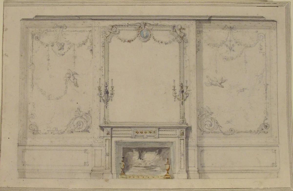 Design for Chimney Piece and Wall Decor by Charles Monblond, drawing, 1800-1899