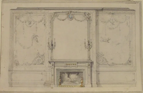 Design for Chimney Piece and Wall Decor by Charles Monblond, drawing, 1800-1899