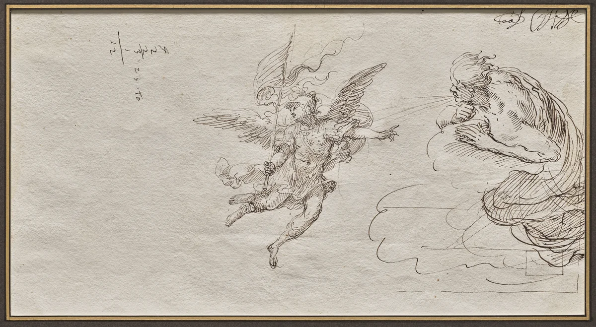 Studies of an Archangel and a Wind God (verso) by Massimo Stanzione, drawing, 1615-1635