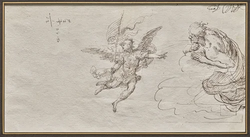 Studies of an Archangel and a Wind God (verso) by Massimo Stanzione, drawing, 1615-1635