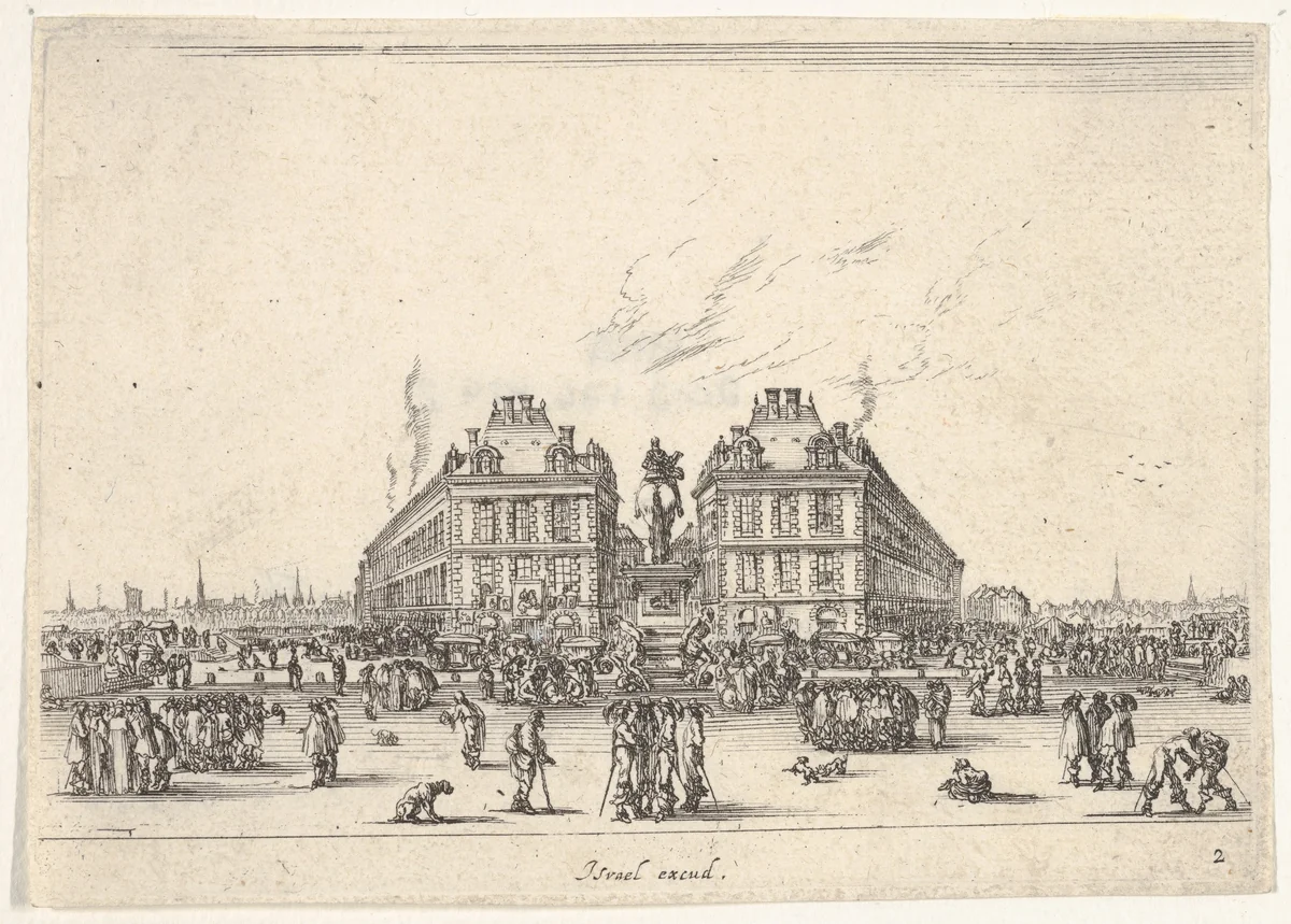 Plate 2: La Place Dauphine, on the coast of Pont Neuf, the equestrian statue of Louis XIII in center, seen from the back and numerous figures, from "Various Figures" (Agréable diversité de figures) by Stefano della Bella, print, 1642