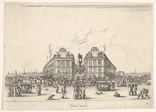 Plate 2: La Place Dauphine, on the coast of Pont Neuf, the equestrian statue of Louis XIII in center, seen from the back and numerous figures, from "Various Figures" (Agréable diversité de figures) by Stefano della Bella, print, 1642