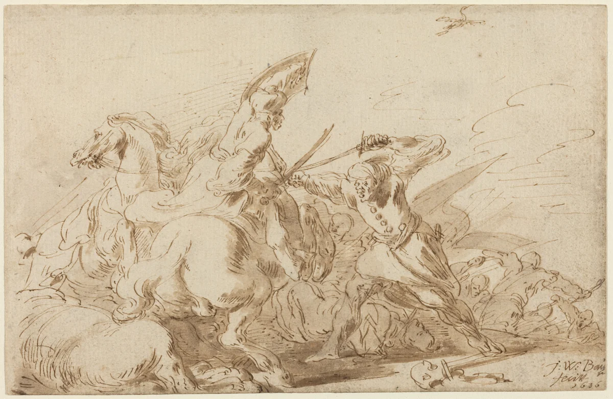 A Battle between Oriental Cavalry and Soldiers by Johann Wilhelm Baur, drawing, 1636