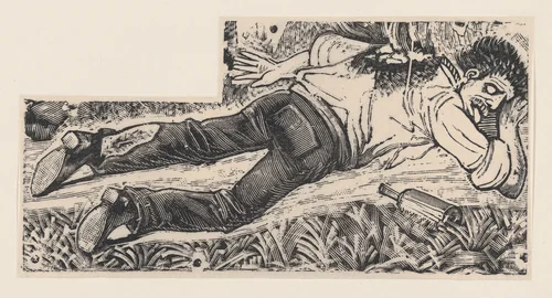 A drunken man with a bottle at his side in a field by José Guadalupe Posada, print, 1875-1885