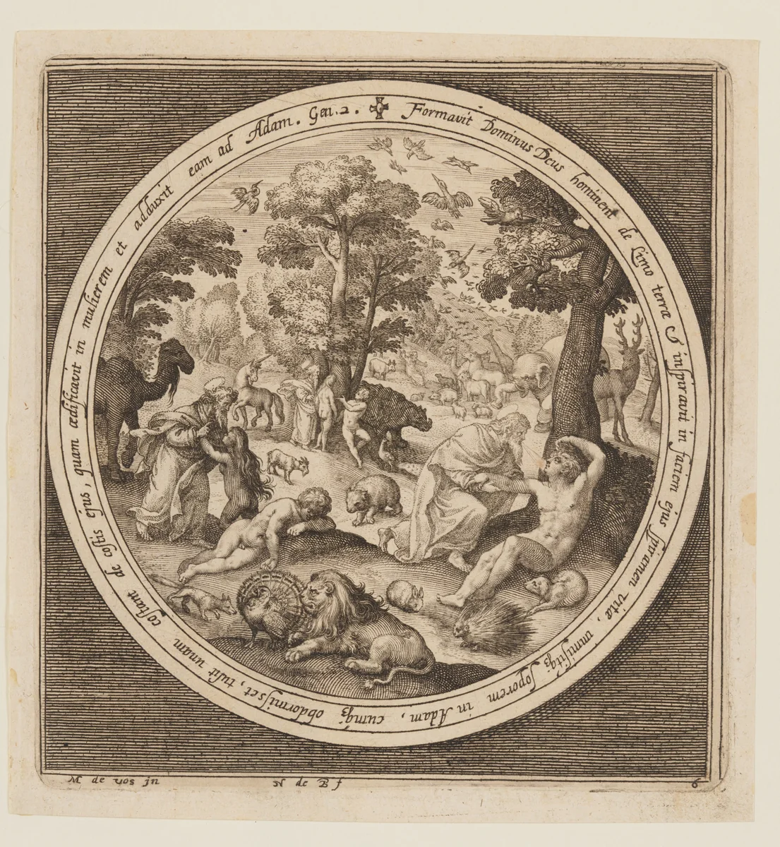 Sixth Day: The Creation of the Animals, Adam and Eve, from The Creation to the Expulsion from Paradise by Nicolaes de Bruyn, print, 1605-1615