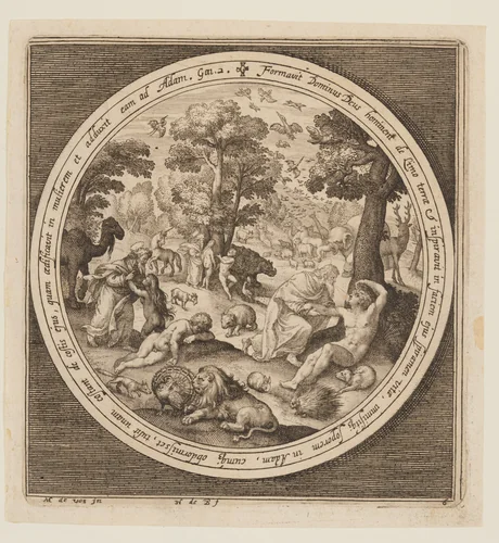Sixth Day: The Creation of the Animals, Adam and Eve, from The Creation to the Expulsion from Paradise by Nicolaes de Bruyn, print, 1605-1615
