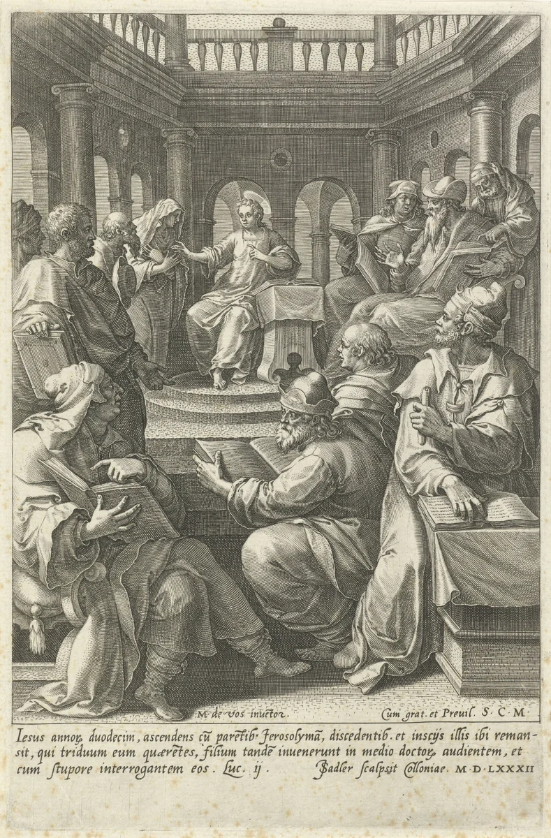 Christus temidden van de leraren by Unknown, print, 1582