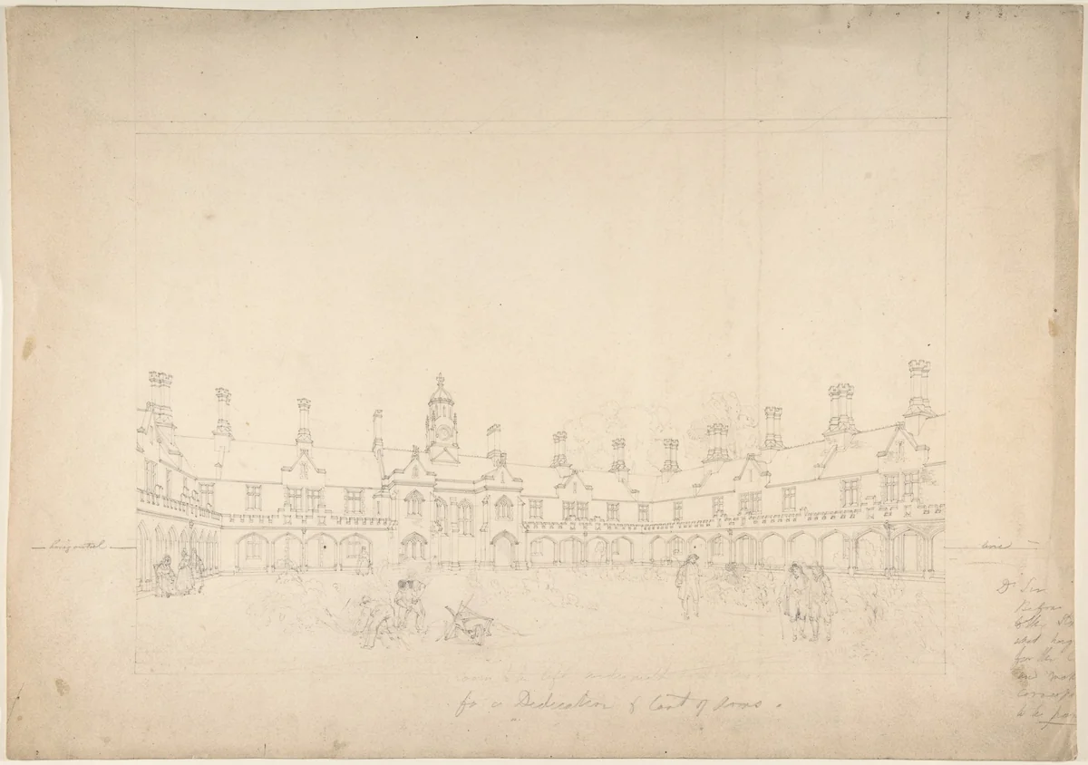 View of a Courtyard Surrounded by Buildings in Gothic Style with Central Clock Tower by anonymous, drawing, 1800-1900