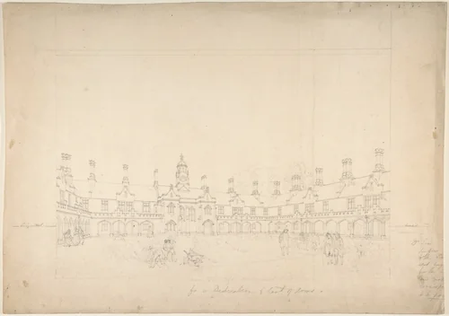 View of a Courtyard Surrounded by Buildings in Gothic Style with Central Clock Tower by anonymous, drawing, 1800-1900