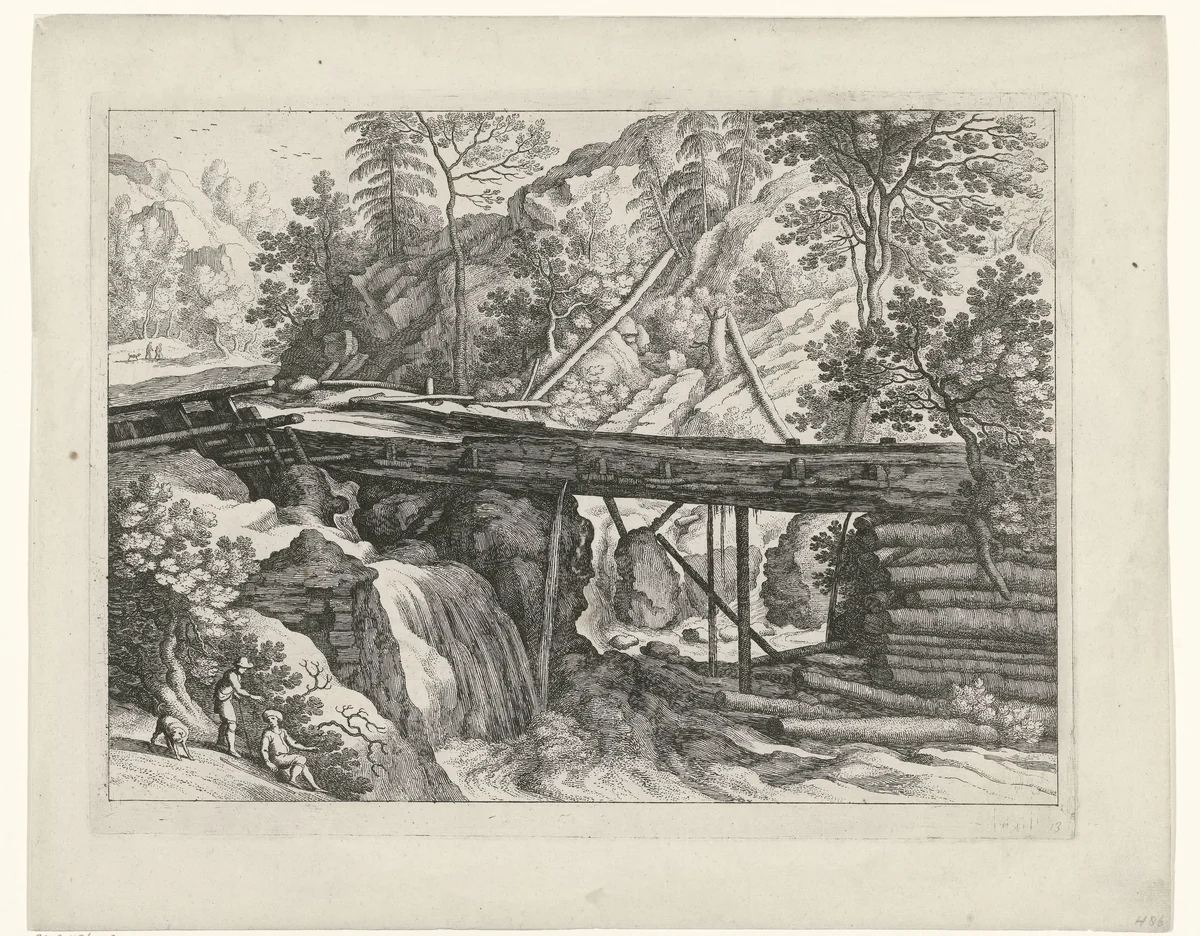 Berglandschap met houten aquaduct by Guilliam van Nieulandt, print, 1594-1635