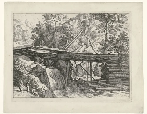 Berglandschap met houten aquaduct by Guilliam van Nieulandt, print, 1594-1635