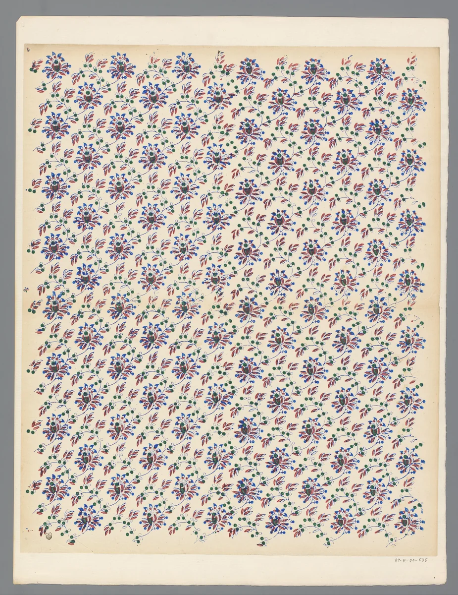 Blad met strooipatroon van ranken met bloemen, bladeren en vruchten by anonymous, print, 1800-1900