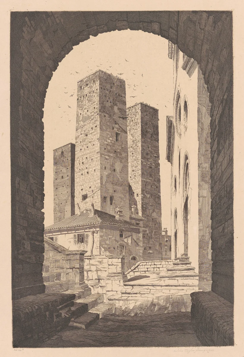 Towers of San Gimignano by John Taylor Arms, print, 1932