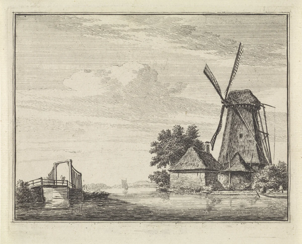 Rivierlandschap met een molen by Hendrik Spilman, print, 1742-1784