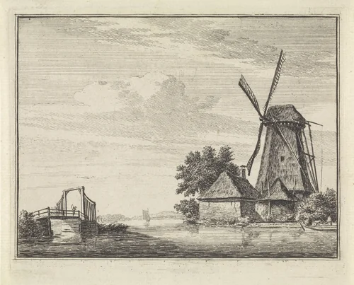 Rivierlandschap met een molen by Hendrik Spilman, print, 1742-1784