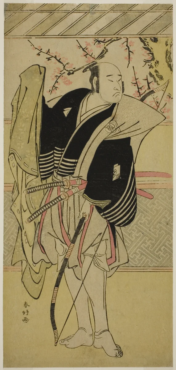 The Actor Onoe Matsusuke I as Yawata no Saburo (?) in the Play Edo no Hana Mimasu Soga (?), Performed at the Nakamura Theater (?) in the First Month, 1783 (?) by Katsukawa Shunko, print, 1778-1788