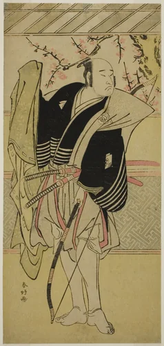 The Actor Onoe Matsusuke I as Yawata no Saburo (?) in the Play Edo no Hana Mimasu Soga (?), Performed at the Nakamura Theater (?) in the First Month, 1783 (?) by Katsukawa Shunko, print, 1778-1788