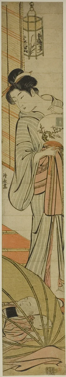 Mother Watching her Son Sleeping under a Mosquito Net by Torii Kiyonaga (鳥居清長), print, 1775-1785