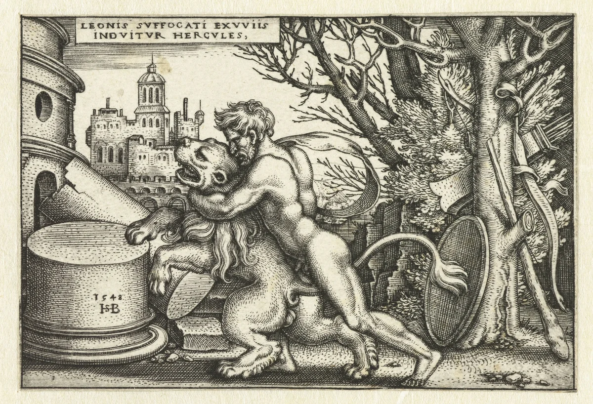 Hercules in gevecht met de Nemeïsche leeuw by Unknown, print, 1548