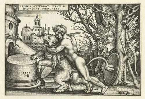 Hercules in gevecht met de Nemeïsche leeuw by Unknown, print, 1548