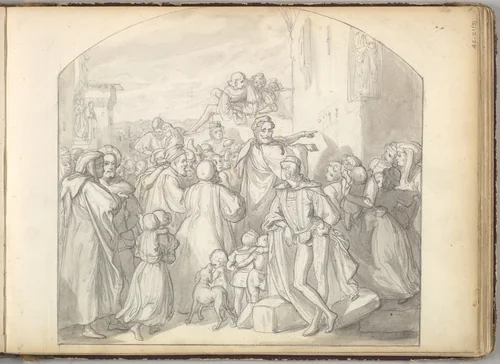 An Artist Drawing on Wall of a Church Watched by a Crowd by Frederic Leighton, drawing, 1844-1854