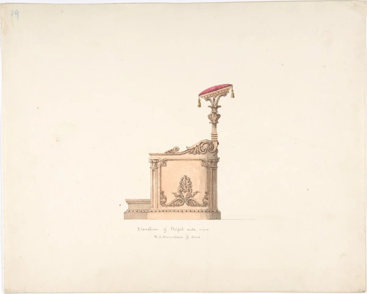 Elevation of a Pulpit, Side View, R. Edmundson & Sons by anonymous, drawing, 1815-1840