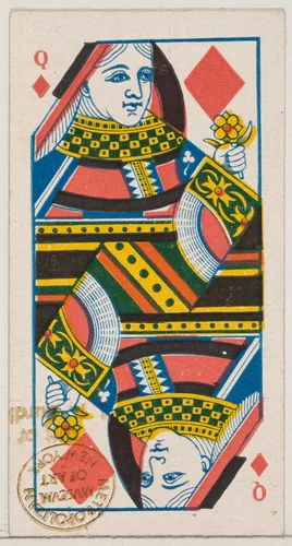 Queen of Diamonds (red), from the Playing Cards series (N84) for Duke brand cigarettes by W. Duke, Sons & Co., print, 1888
