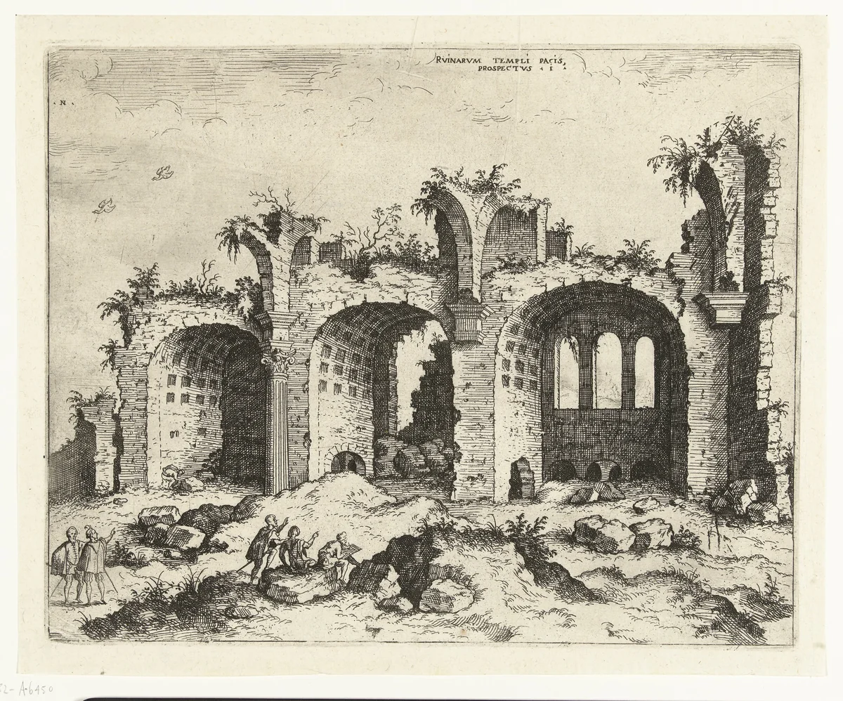 Gezicht op de ruïne van de basiliek van Constantijn by Hieronymus Cock, print, 1551