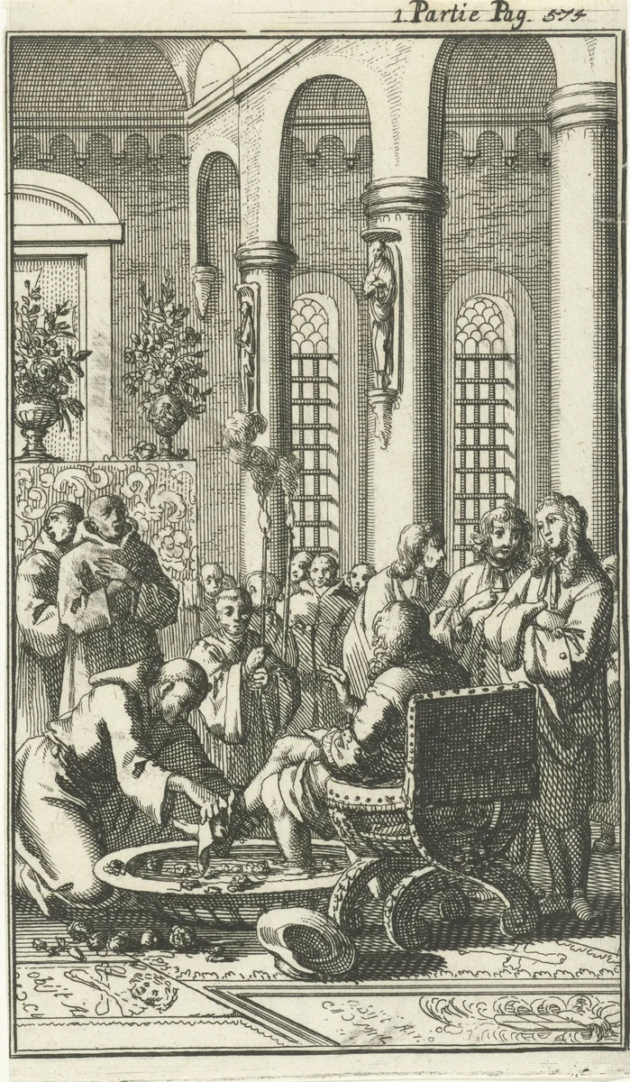 Voetwassing van reizigers in een klooster te Jeruzalem by Jan Luyken, print, 1689