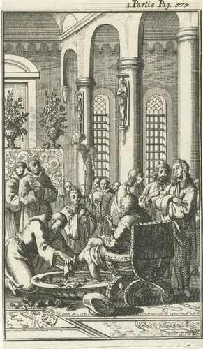 Voetwassing van reizigers in een klooster te Jeruzalem by Jan Luyken, print, 1689
