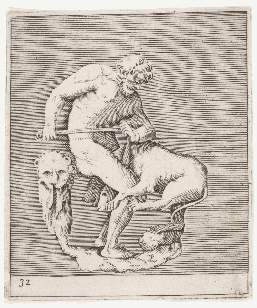 Hercules and Cerberus, from "Ex Antiquis Cameorum et Gemmae Delineata" by anonymous, print, 1599-1622