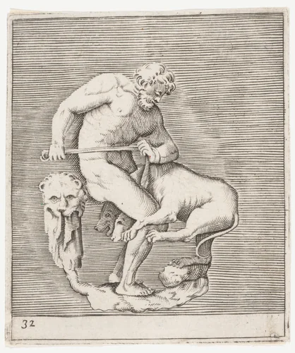 Hercules and Cerberus, from "Ex Antiquis Cameorum et Gemmae Delineata" by anonymous, print, 1599-1622