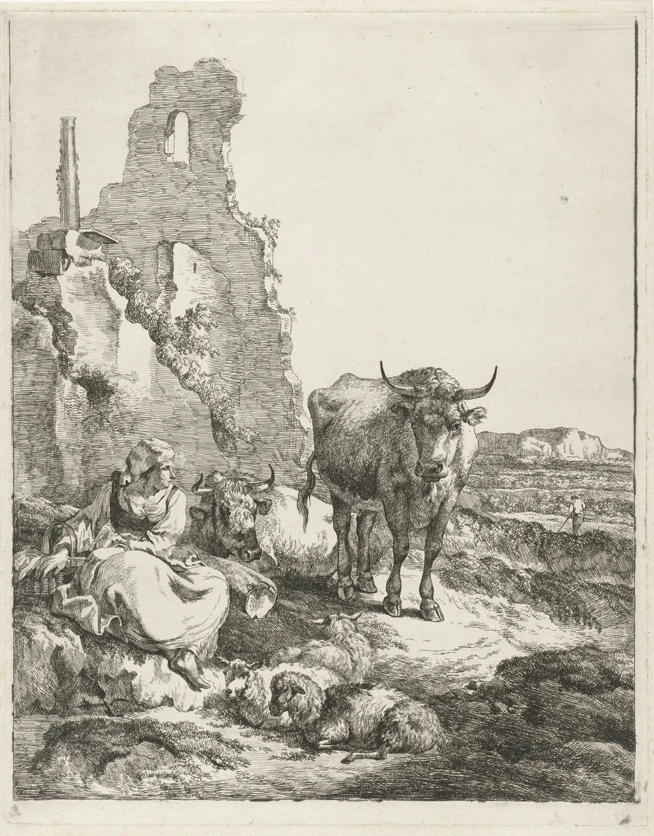 Landschap met staande en liggende koe en herderin voor een ruïne by Pieter Gerardus van Os, print, 1791-1839