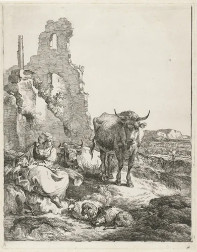 Landschap met staande en liggende koe en herderin voor een ruïne by Pieter Gerardus van Os, print, 1791-1839
