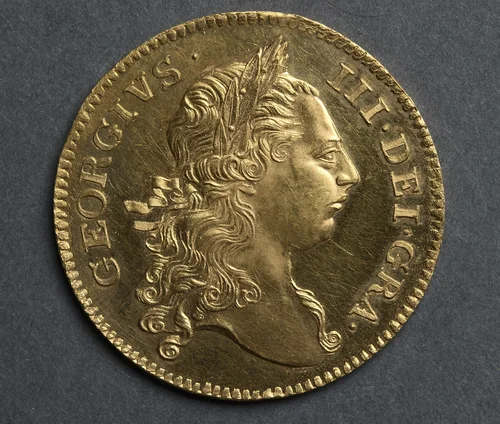Two Guinea Piece: George III (obverse) by John Sigismund Tanner, metalwork, 1773