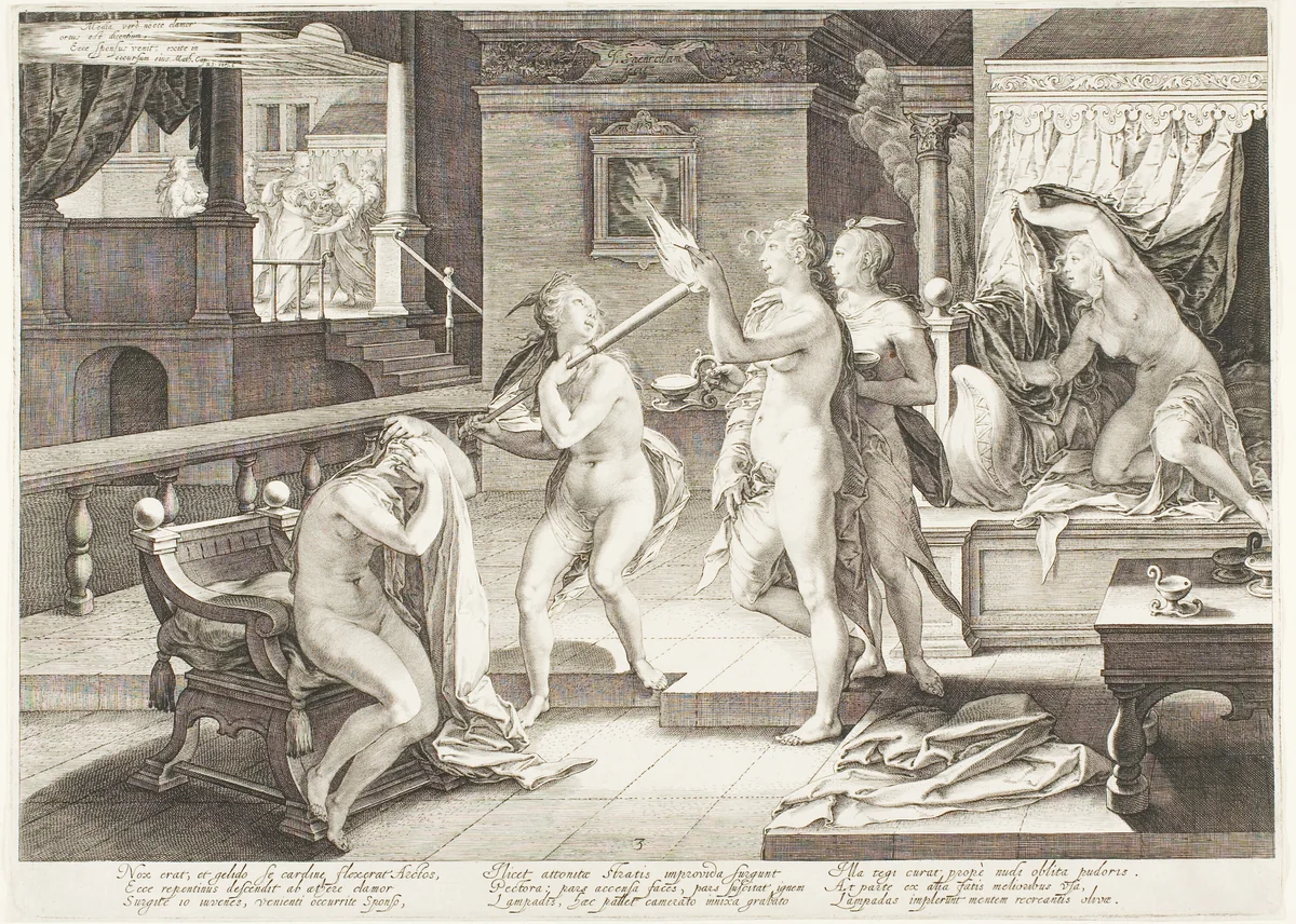 Plate Three, from Five Wise and Five Foolish Virgins by Jan Saenredam, print, 1606