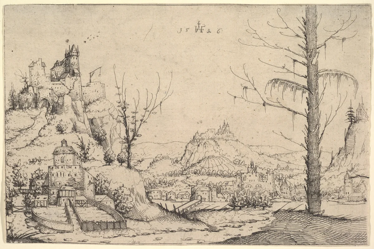 Landscape with a High Rock and a Castle at Left by Augustin Hirschvogel, print, 1513-1553