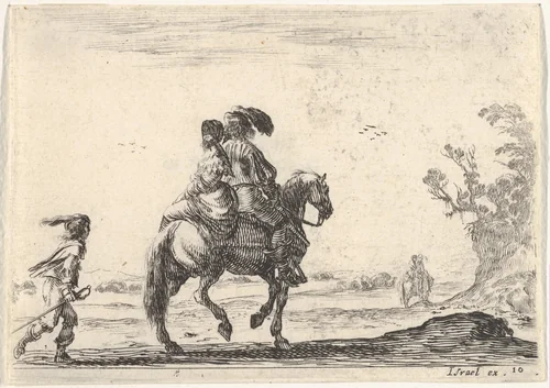 Plate 10: a horseman and a woman, seen from behind, riding towards the right with a young man following them to left, another horseman and woman to right in the background, from "Various Figures" (Agréable diversité de figures) by Stefano della Bella, print, 1642
