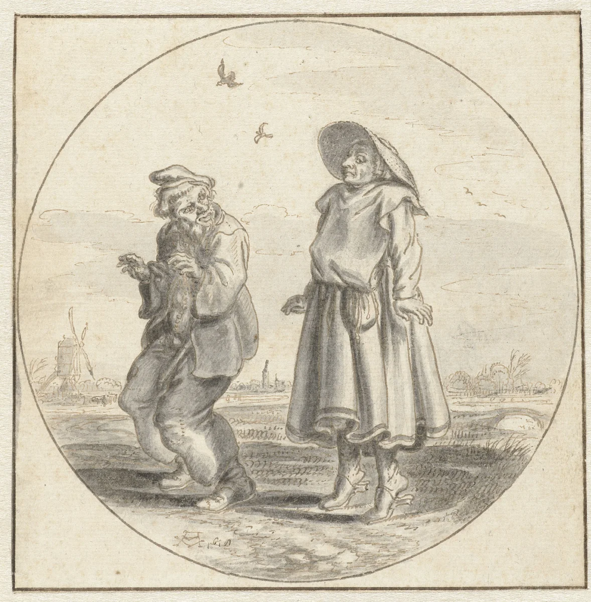 Man and Woman Imitating Birds by Adriaen Pietersz van de Venne, drawing, 1618