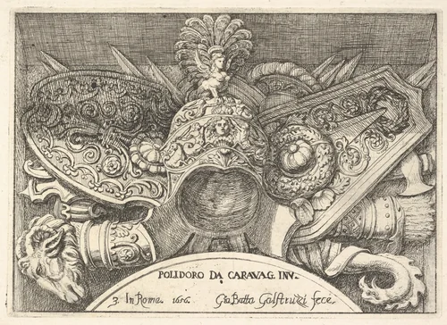 Plate 3: trophies of Roman arms from decorations above the windows on the second floor of the Palazzo Milesi in Rome by Giovanni Battista Galestruzzi, print, 1656