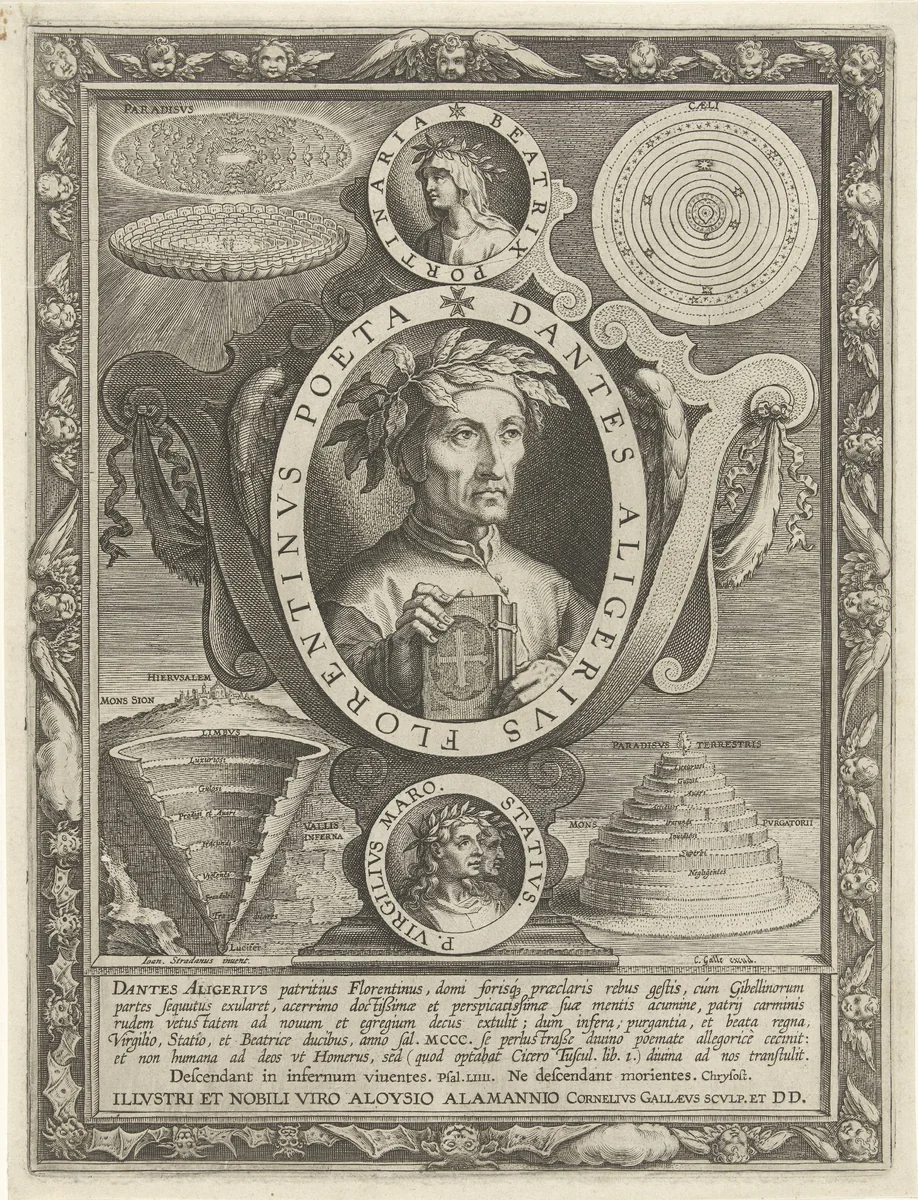 Portret van Dante Alighieri by Cornelis Galle, print, 1633-1650