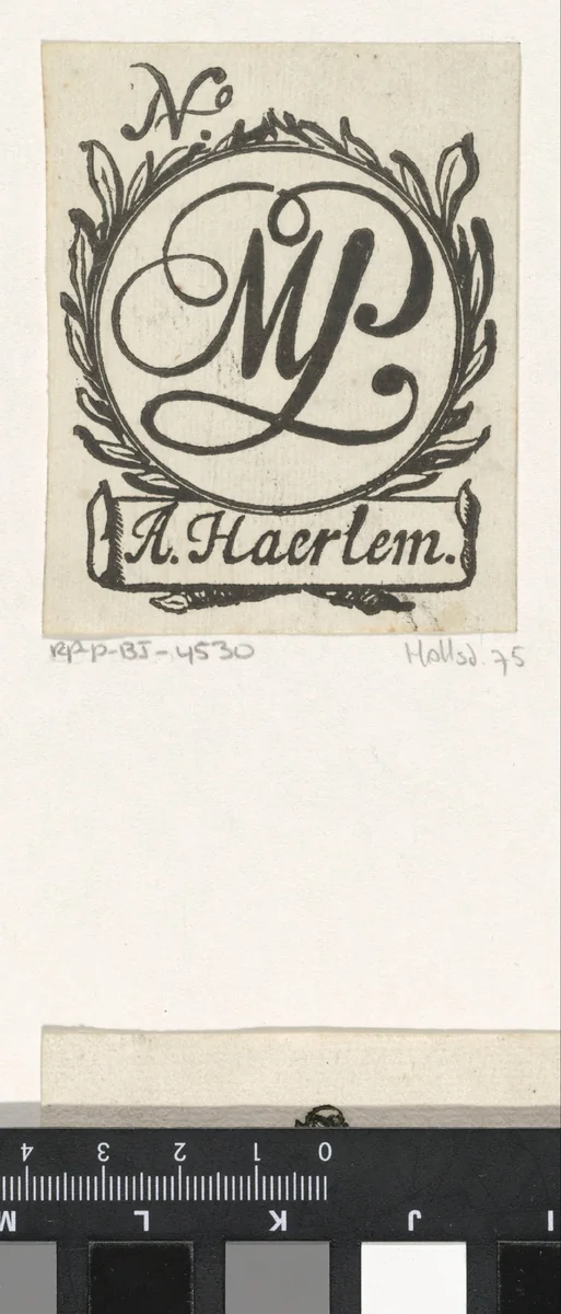 Handelsetiket met het monogram MJ by Isaac Vincentsz. van der Vinne, print, 1681-1740
