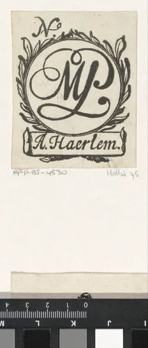 Handelsetiket met het monogram MJ by Isaac Vincentsz. van der Vinne, print, 1681-1740