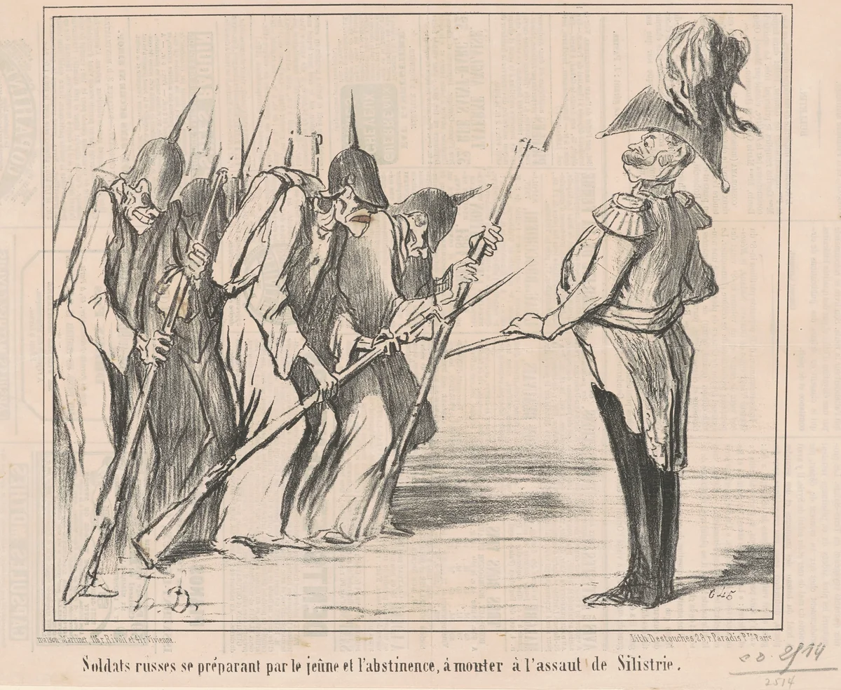 Soldats russes se préparant par le jeune ... by Honoré Daumier, print, 1854