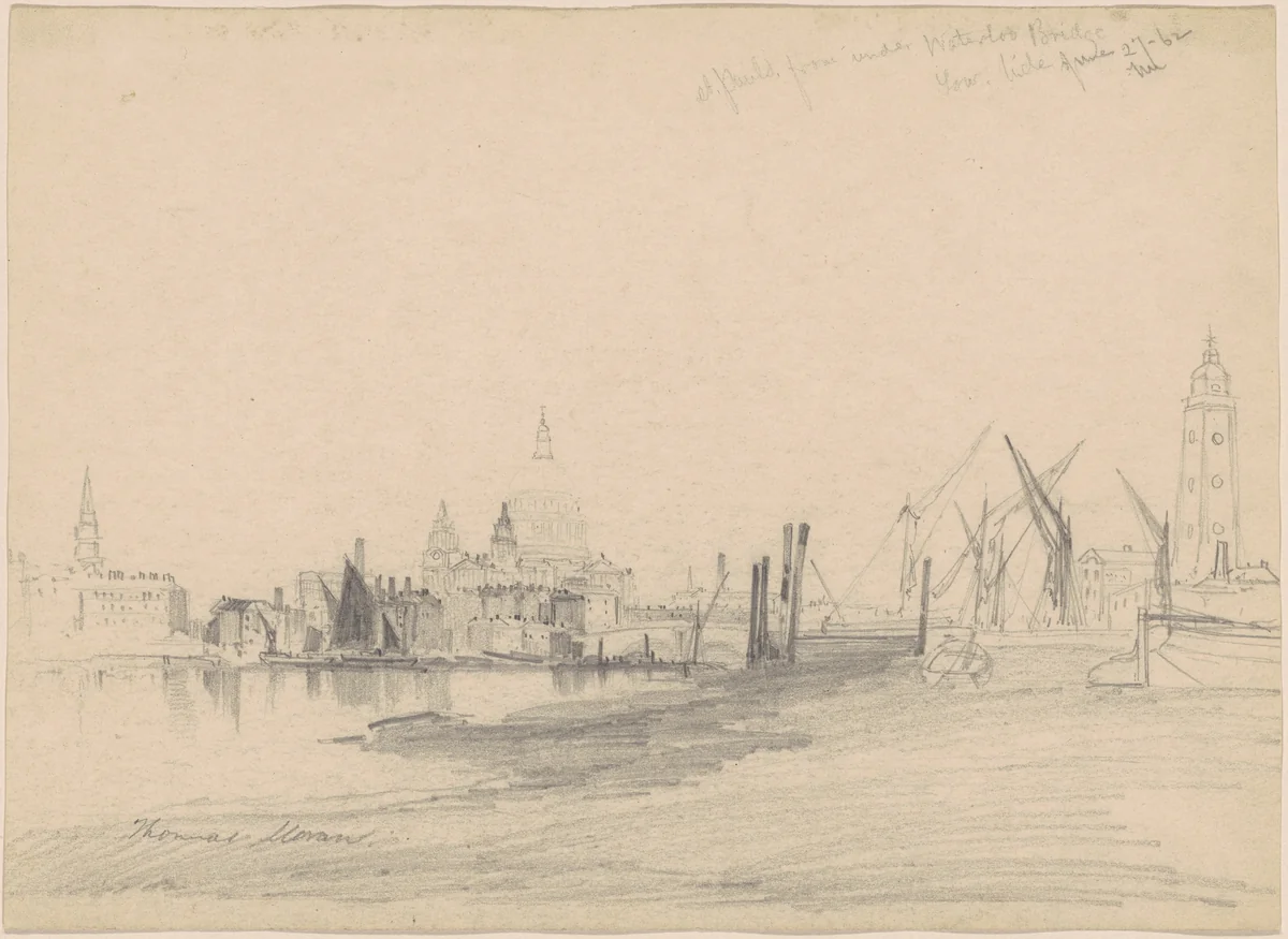 St. Paul's from Under Waterloo Bridge, Low Tide by Thomas Moran, drawing, 1862