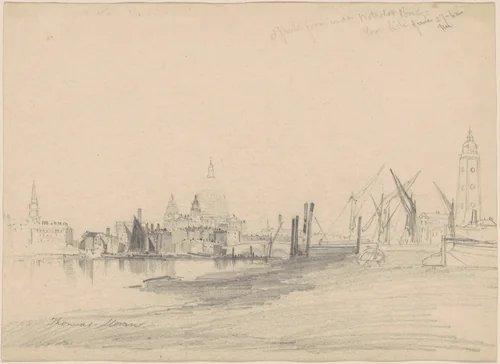 St. Paul's from Under Waterloo Bridge, Low Tide by Thomas Moran, drawing, 1862
